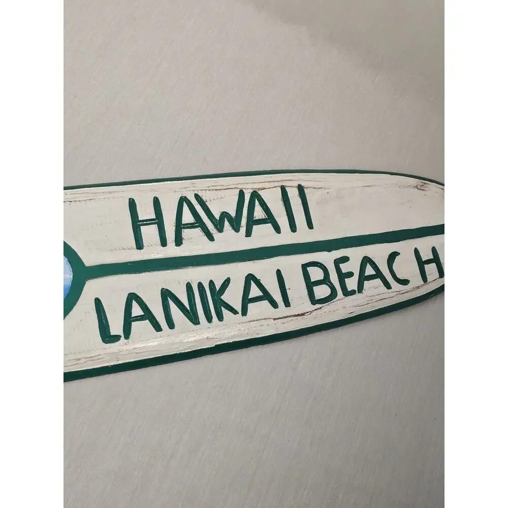 Lanikai Beach Wooden surf sign 40" w/ Beach Painting - Real Hand Carved Wood - Picture 13 of 14